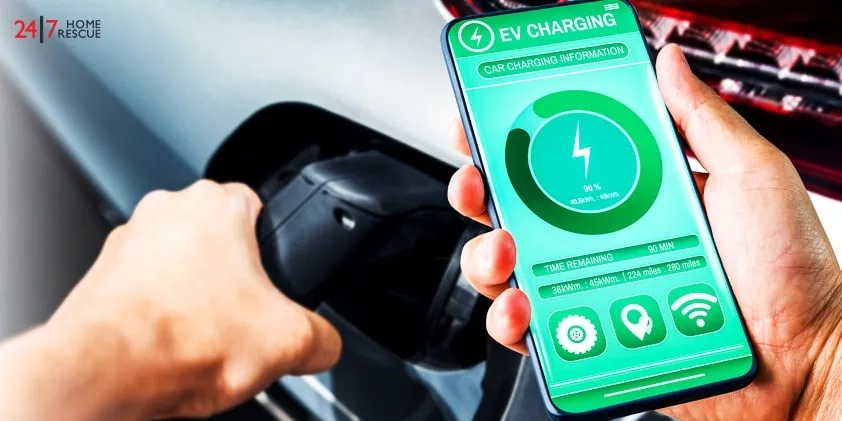 EV charging station for electric car with mobile app display charger status