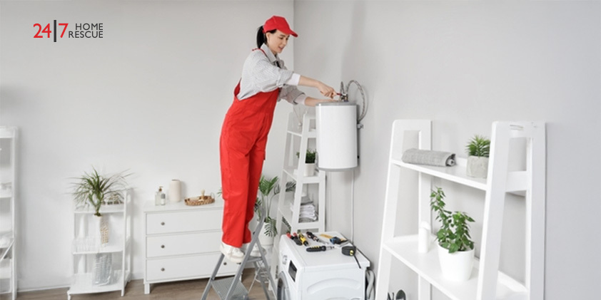 Female technician using a wrench to repair an electric boiler in a bathroom