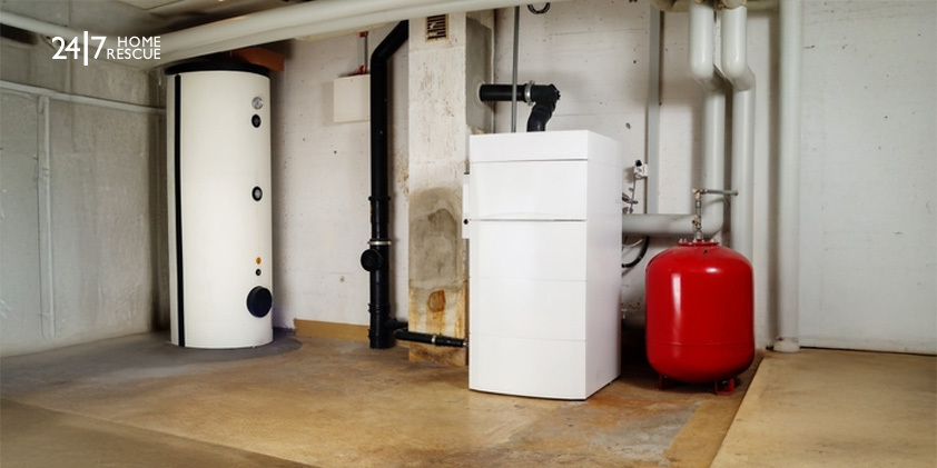 Steel water heater and condensing oil boiler system in a residential basement