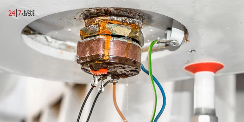 boiler component with leaking water and colored wires attached