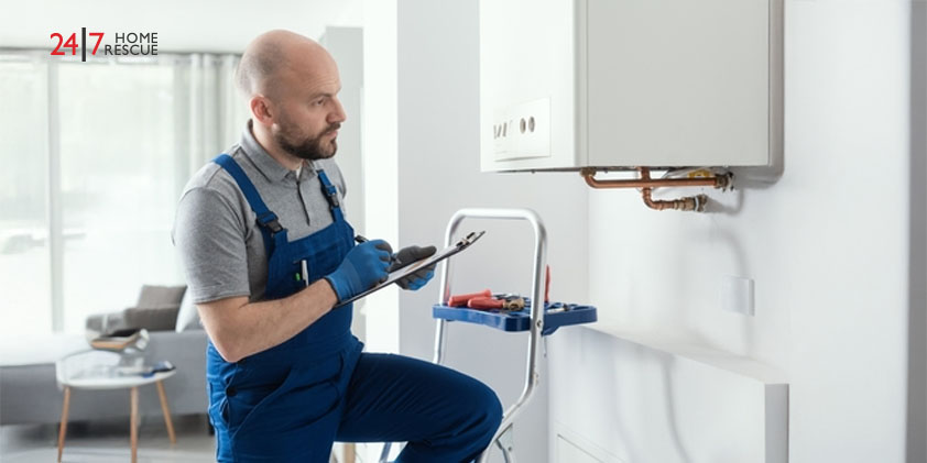 Gas engineer completing a safety certificate after boiler service.