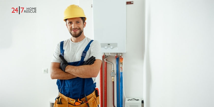 Smiling engineer servicing the house heating system looking at camera while standing with arms crossed.