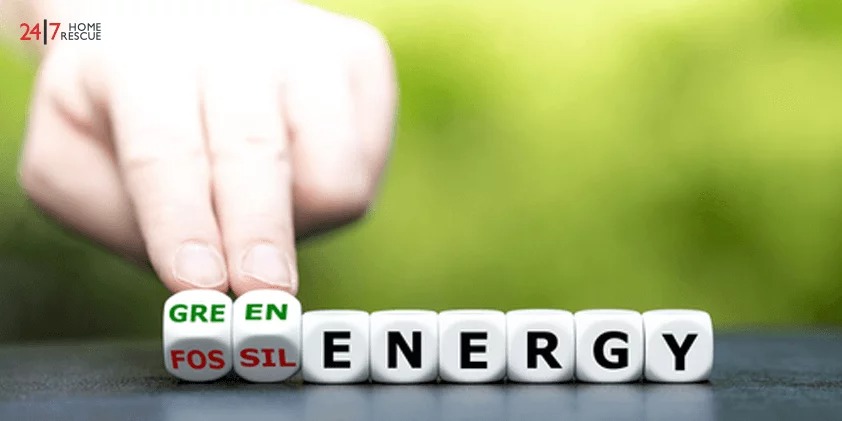 Hand turns dice and changes the expression "fossil energy" to "green energy"