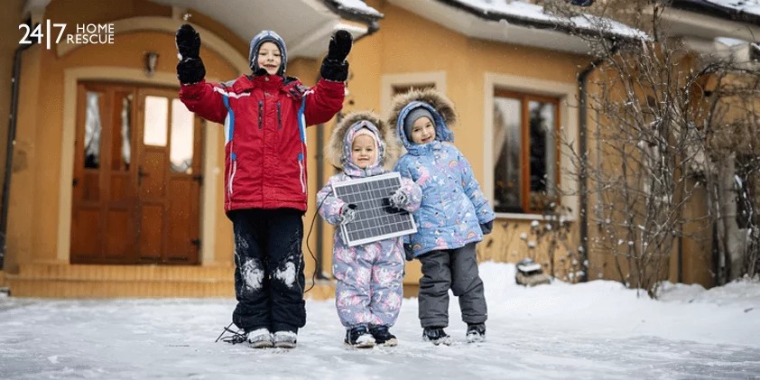 children's standing in front of home with solar panel in winter