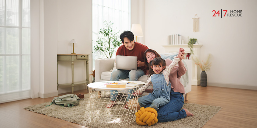 Parents and daughter happy in living room