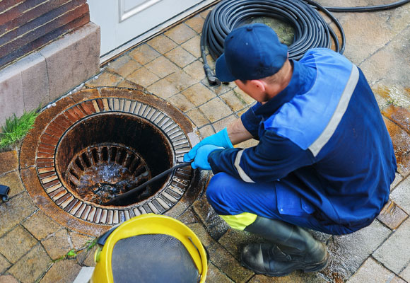 Technician in blue uniform and rubber boots cleaning an outdoor drain using a rod, with gloves on and equipment like a hose and bucket nearby on a wet brick surface.