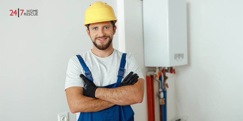 A smiling technician carrying out routine boiler servicing on a home heating system to ensure efficiency and safety