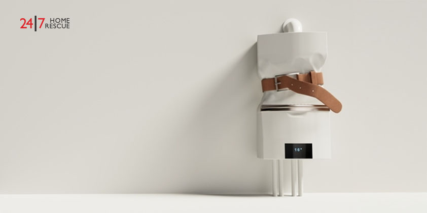 Gas boiler with a money-saving belt wrapped around it, symbolizing reduced heating costs.