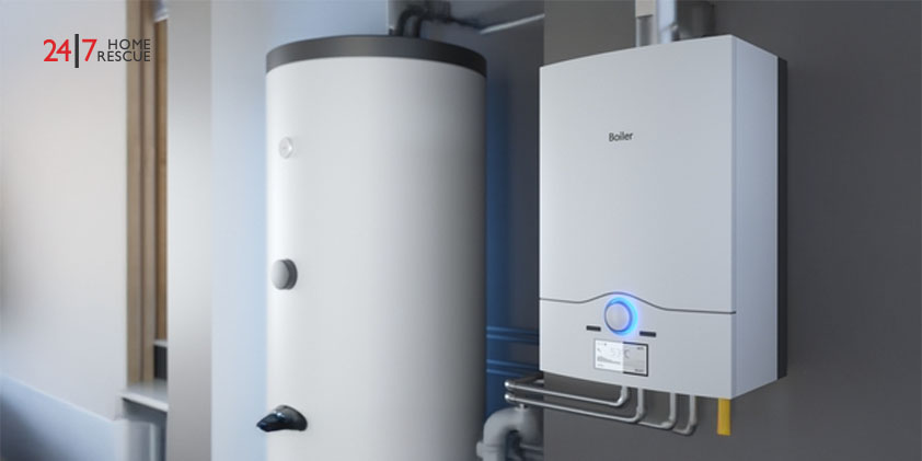 Gas boiler and heating cylinder installed in a room