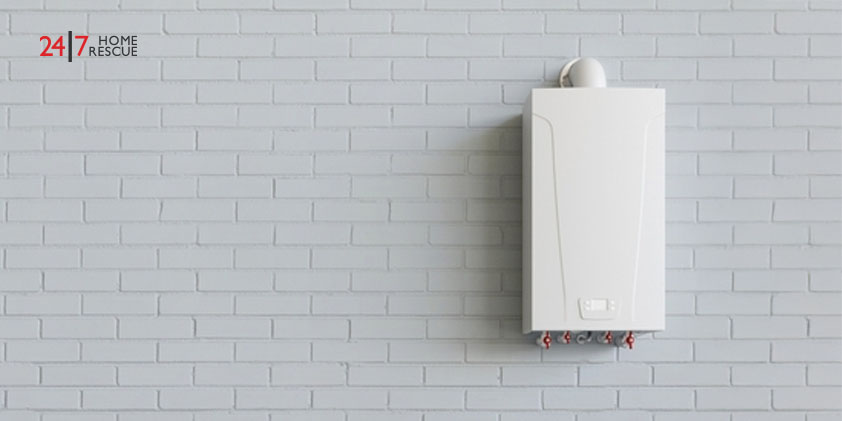 Wall-mounted gas boiler providing hot water in a modern room
