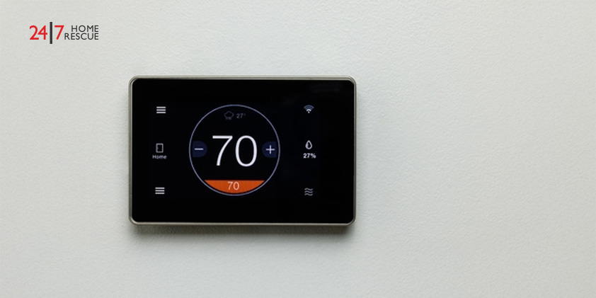 Modern touch screen Wi-Fi thermostat for smart home heating and cooling control.