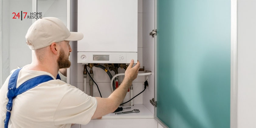 Back view of a technician performing maintenance on a gas boiler in a bathroom.