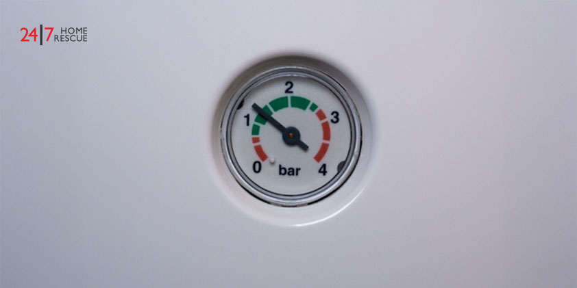 Close-up of a pressure gauge on a combi gas boiler