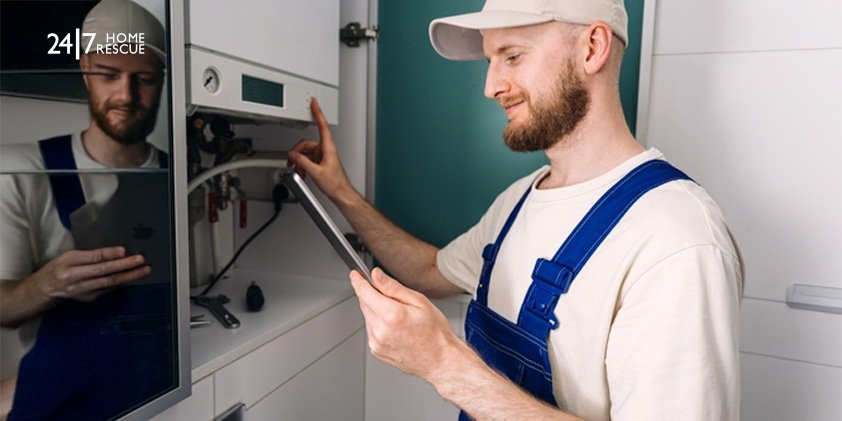 Repairman inspecting gas boiler controls in home to fix F72 fault code