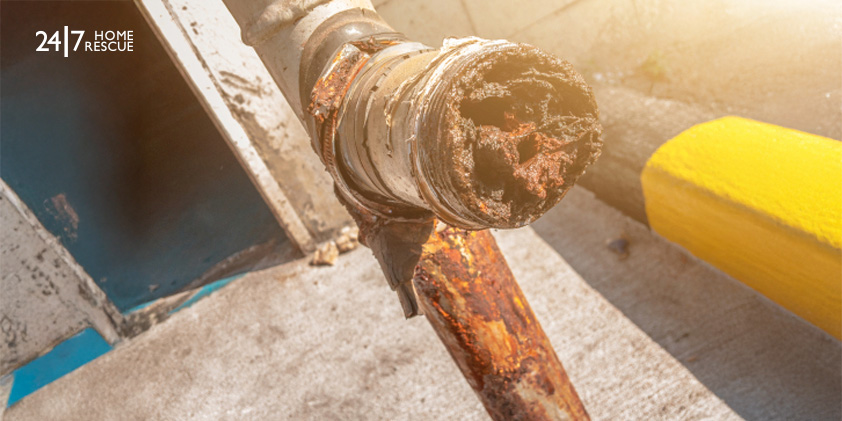 A heavily corroded and clogged steel pipe in a household system