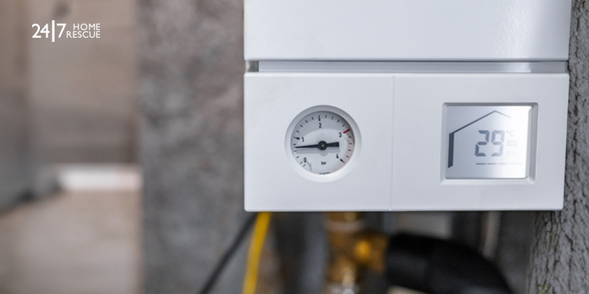 A person checking the pressure gauge of a boiler