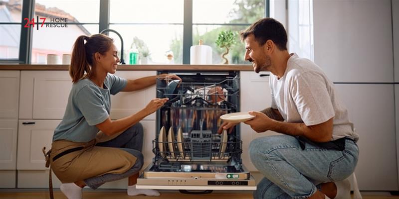 A couple taking out cleaned dishes from a dishwasher 