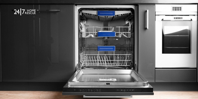 A modern stainless steel dishwasher