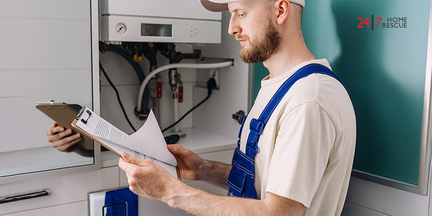 Engineer-inspecting-boiler-document