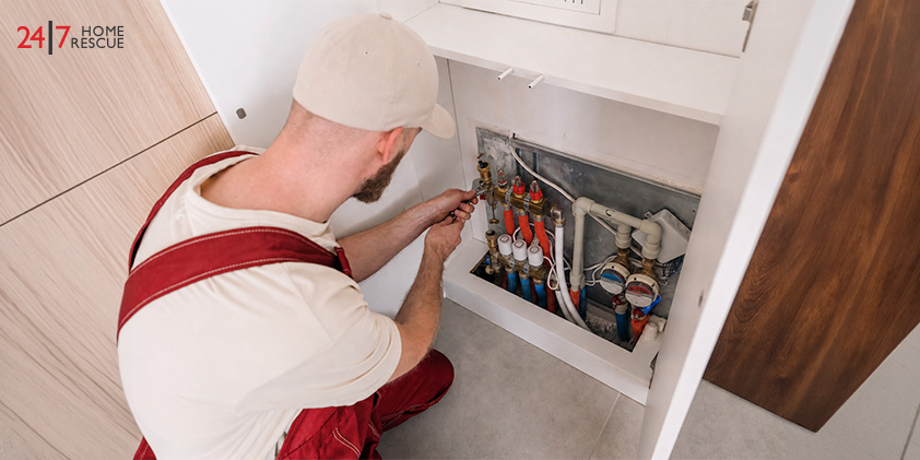 Plumber installing combi boiler pipes