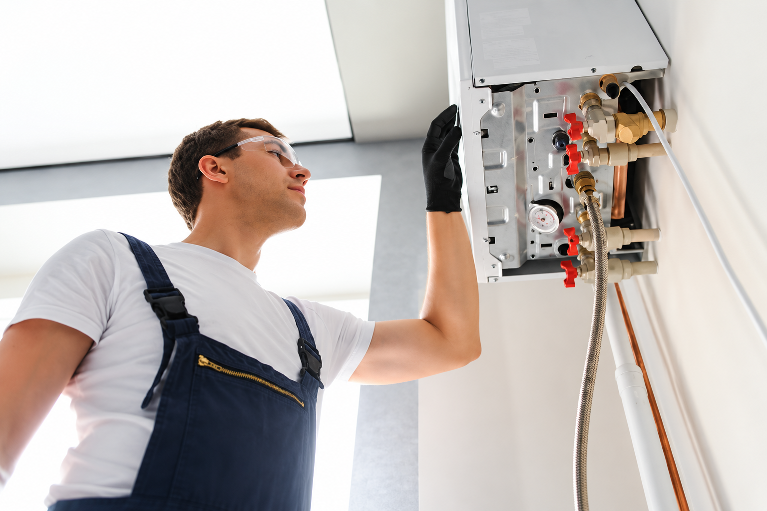 Heating engineer servicing a home boiler and checking its internal components