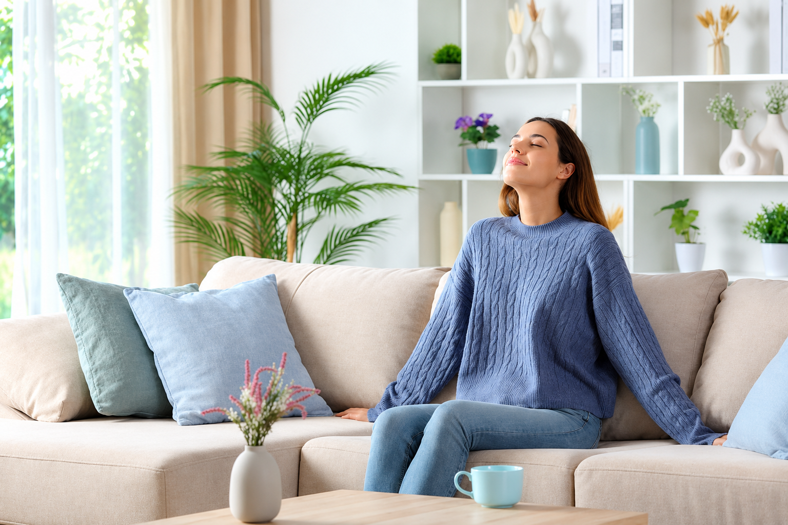 Woman relaxing comfortably on a sofa in a bright modern home